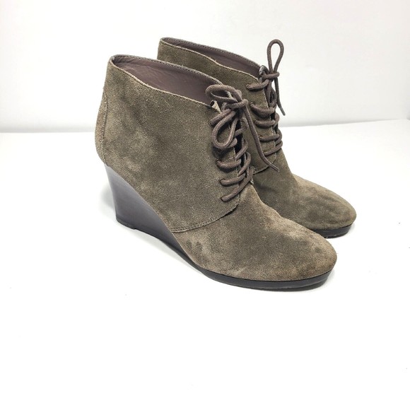 Franco Sarto Weston Bootie Size 8.5 Taupe Suede Leather Lace Up Wedge - Picture 1 of 16